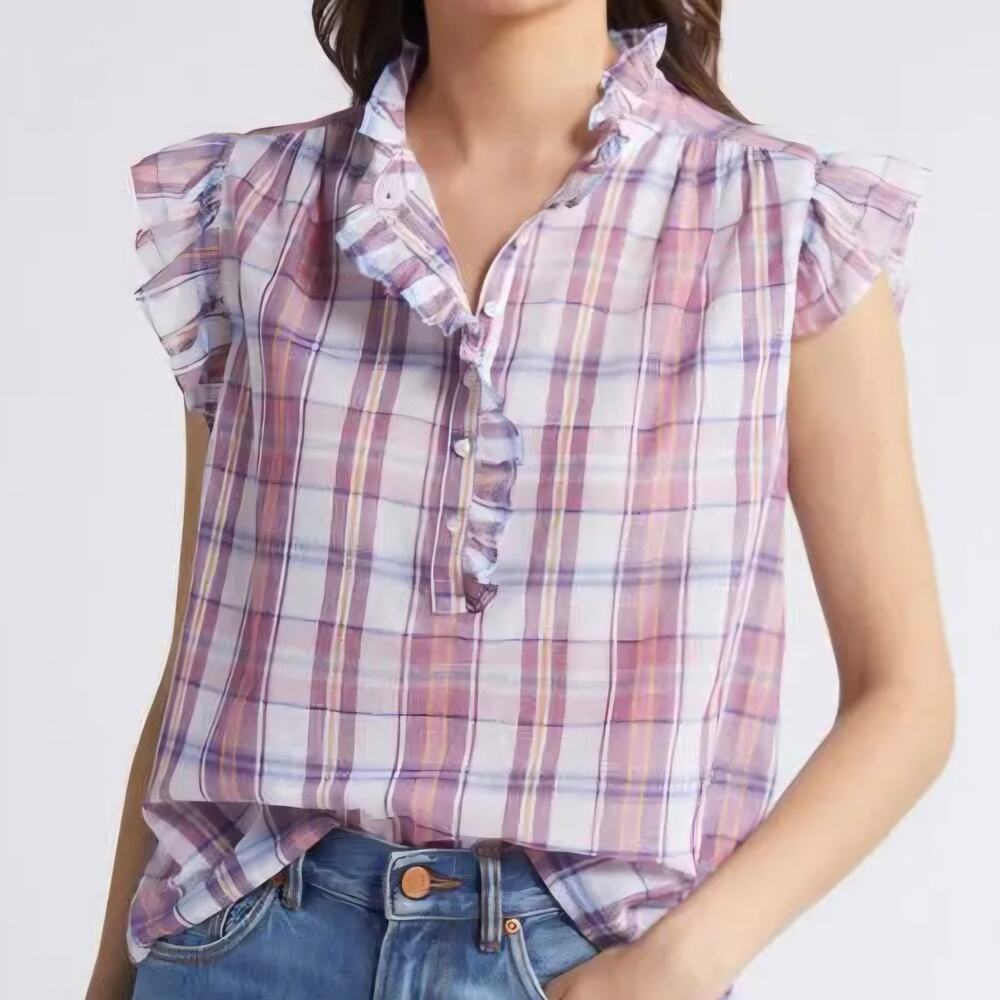 Xirena Brenna 100% Cotton Shirt Small Plaid Chic Ruffle Sleeveless Top